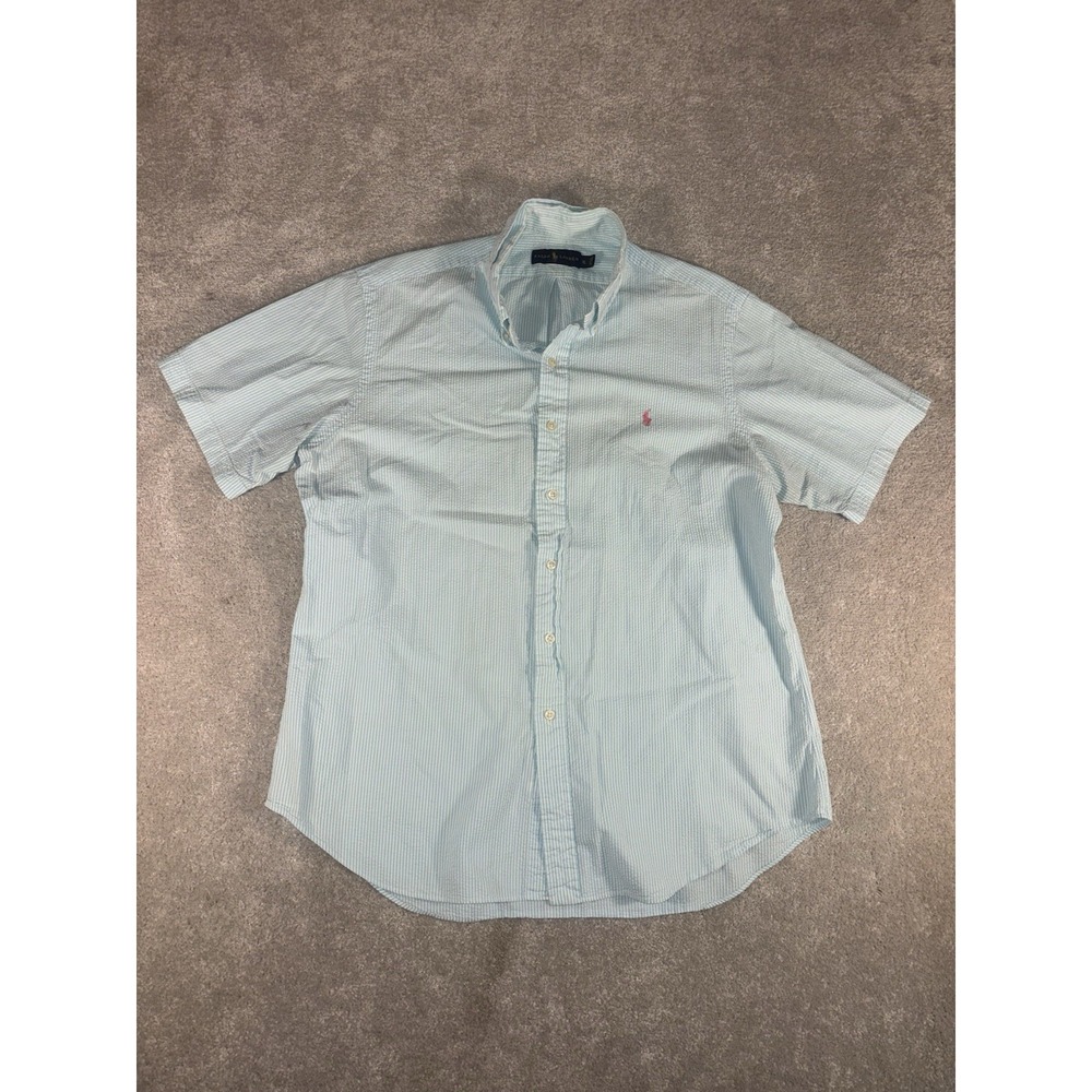 mens ralph lauren blue seersucker short sleeve XL‎ *